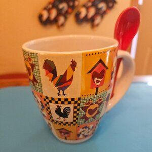 coffee mug rooster farm patchwork with spoon